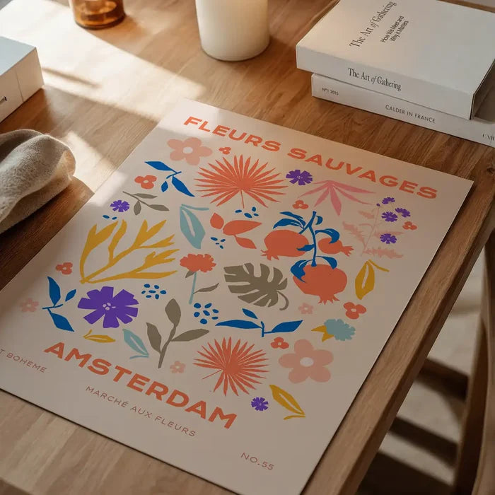 Fleurs Sauvages Amsterdam Flower Print, floral art print unframed on a home office desk