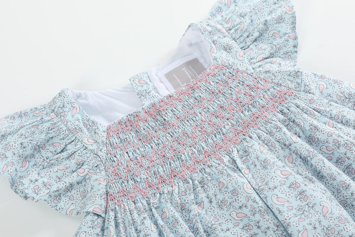 Floral Blue Dove Smocked Flutter Dress - Lil Cactus
