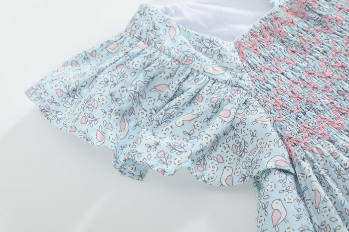 Floral Blue Dove Smocked Flutter Dress - Lil Cactus