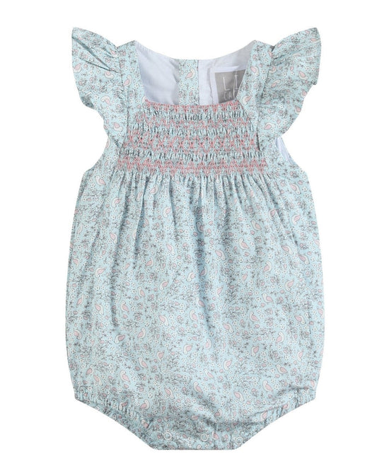 Floral Blue Dove Smocked Flutter Romper - Lil Cactus