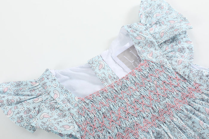 Floral Blue Dove Smocked Flutter Romper - Lil Cactus