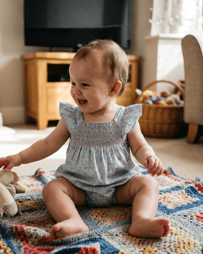 Floral Blue Dove Smocked Flutter Romper - Lil Cactus
