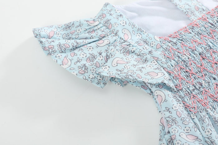 Floral Blue Dove Smocked Flutter Romper - Lil Cactus