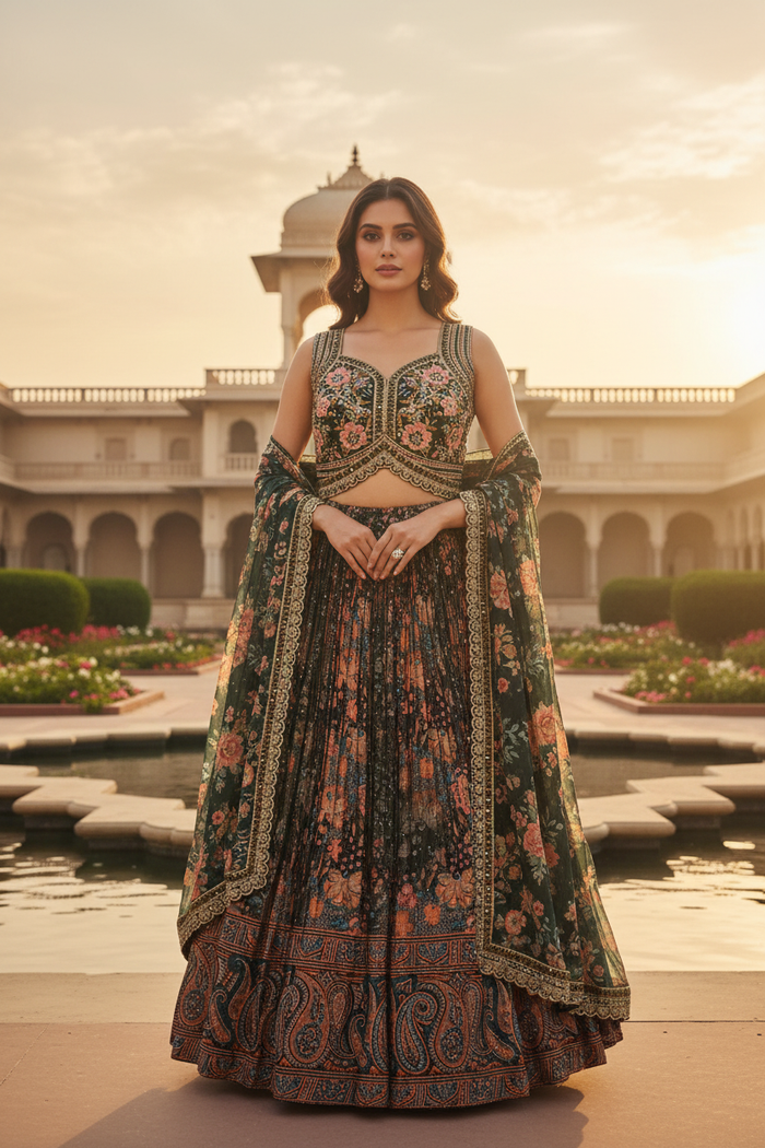 Model wearing Floral Embroidered Lehenga Set - front pose with dupatta at dusk