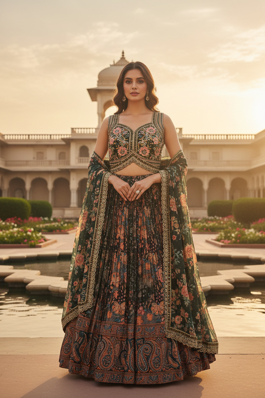 Model wearing Floral Embroidered Lehenga Set - front pose with dupatta at dusk