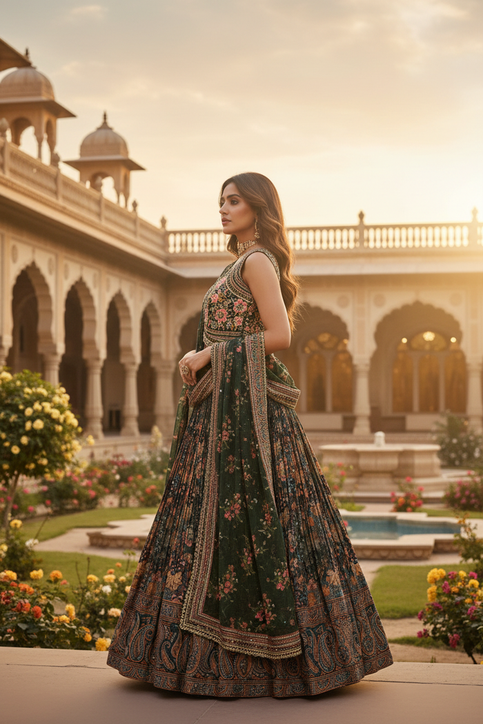 Model wearing Floral Embroidered Lehenga Set - side profile at dusk