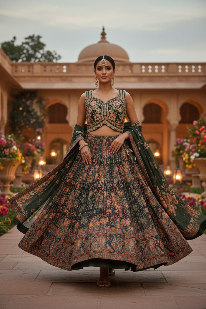 Model wearing Floral Embroidered Lehenga Set - walking pose at dusk