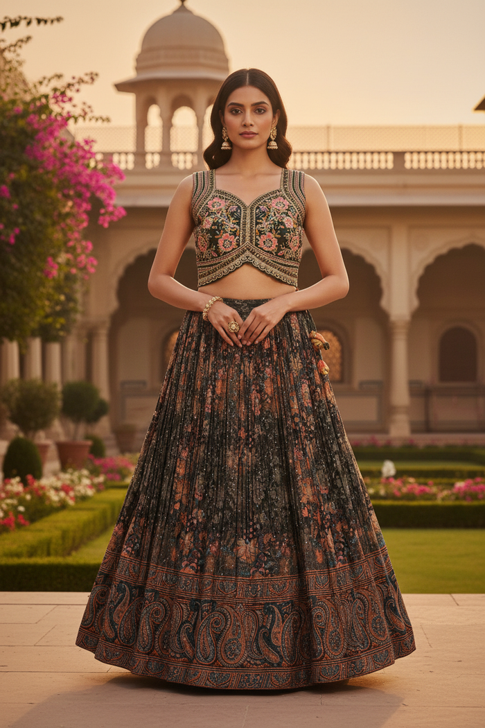 Model wearing Floral Embroidered Lehenga Set - front pose without dupatta at dusk