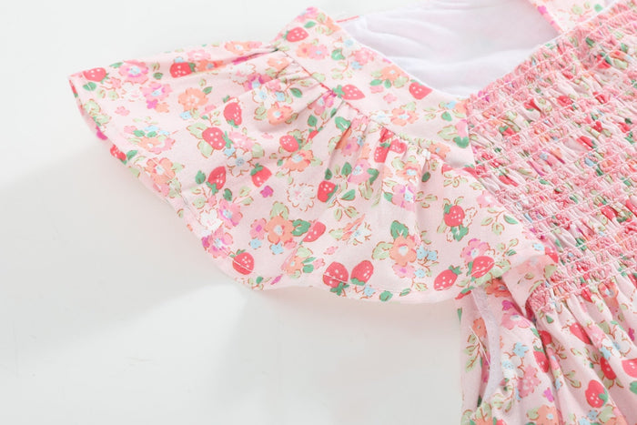 Floral Strawberry Smocked Flutter Dress - Lil Cactus