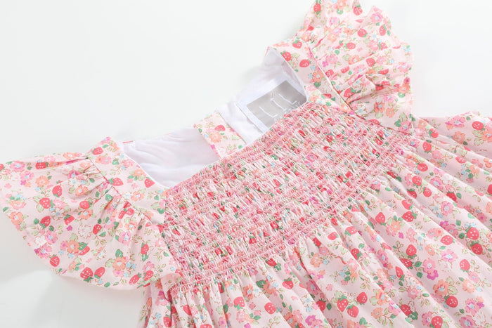 Floral Strawberry Smocked Flutter Dress - Lil Cactus