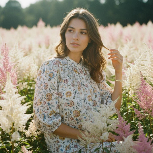Flowy Gather Liberty London Ditsy Floral Blouse: 3/4 Sleeves Top, Mandarin Collar, Button Through