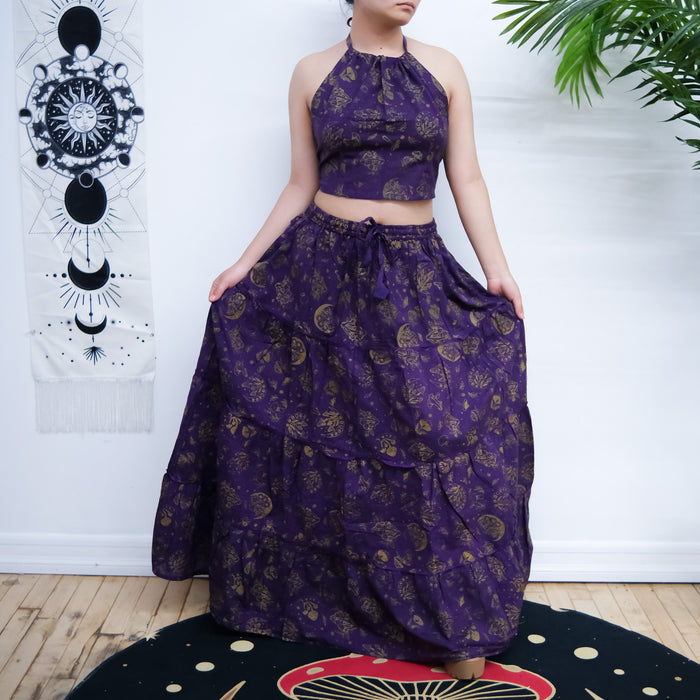 Flowy Tiered Mushroom Celestial Cotton Skirt with Halter Top Set