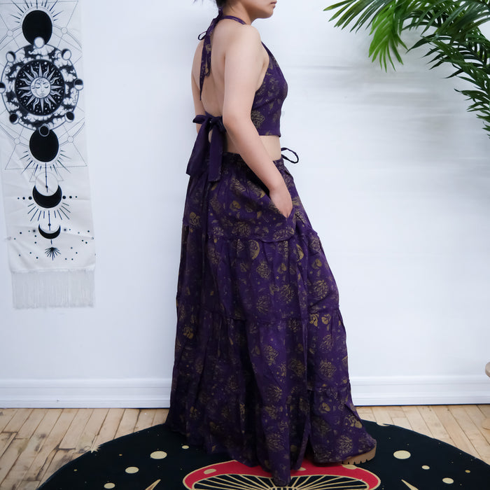 Flowy Tiered Mushroom Celestial Cotton Skirt with Halter Top Set