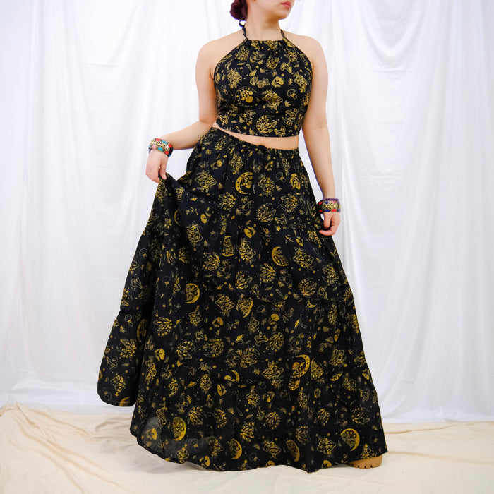 Flowy Tiered Mushroom Celestial Cotton Skirt with Halter Top Set
