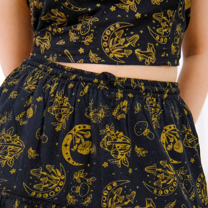 Flowy Tiered Mushroom Celestial Cotton Skirt with Halter Top Set