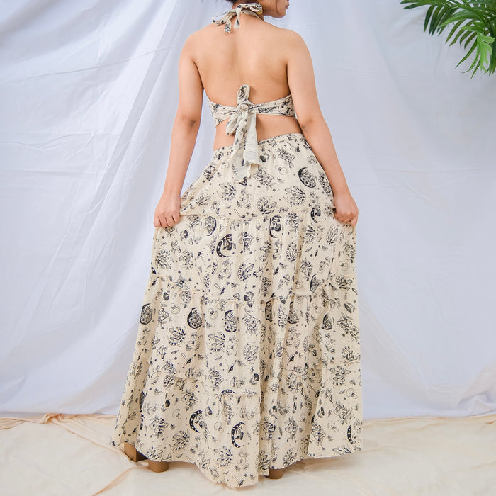 Flowy Tiered Mushroom Celestial Cotton Skirt with Halter Top Set