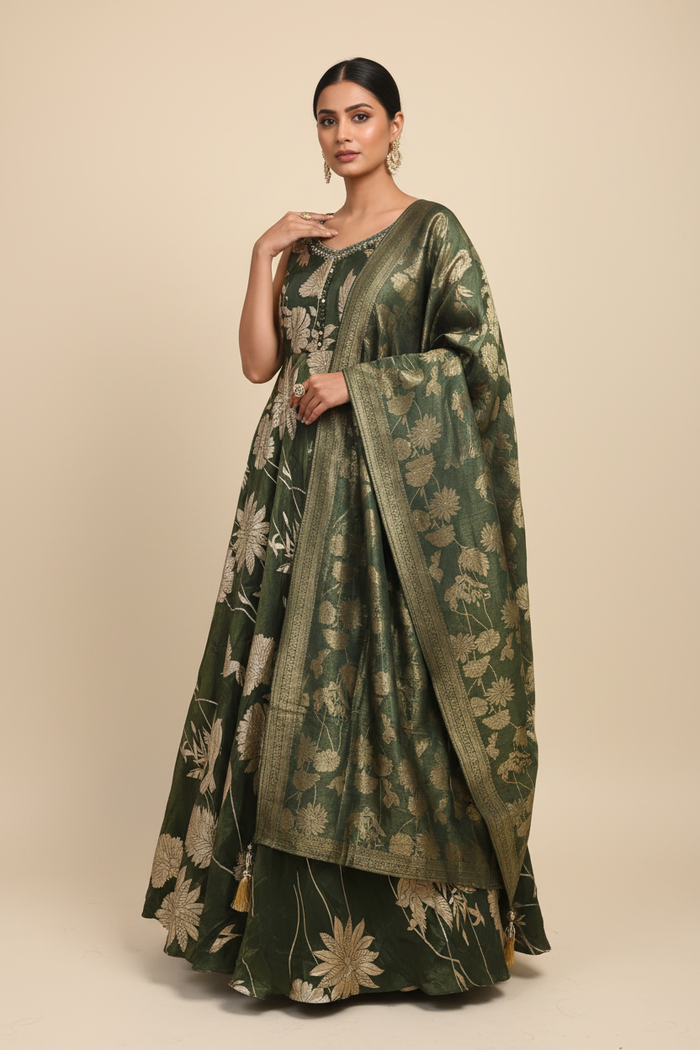 Forest Green Banarasi Floral Gown