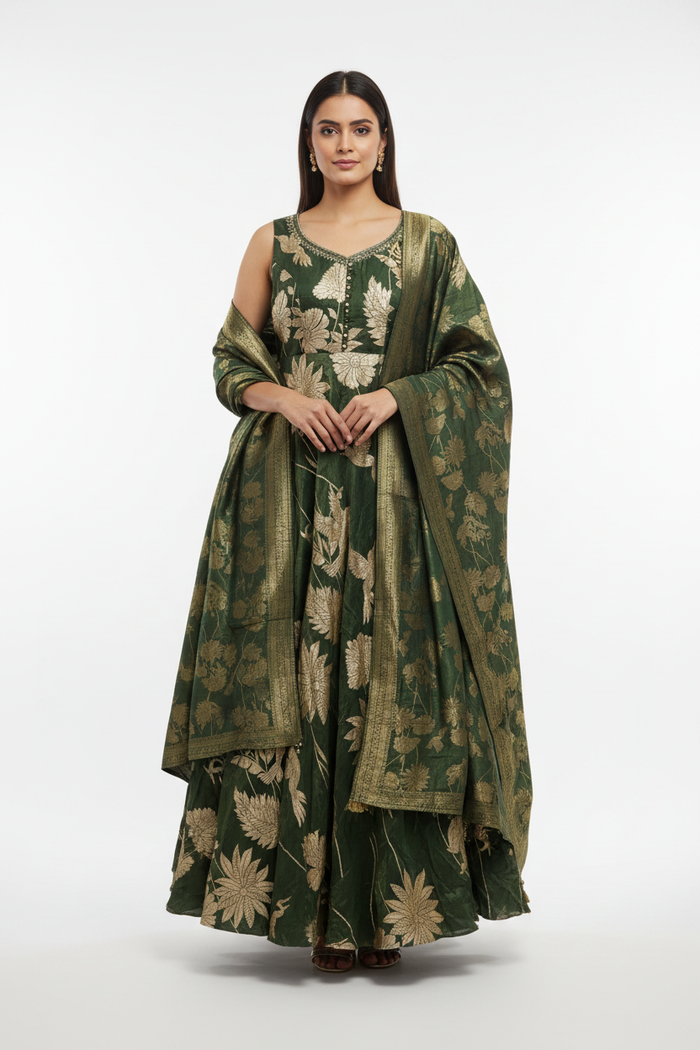 Forest Green Banarasi Floral Gown
