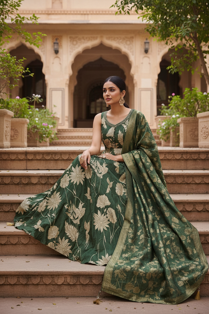 Forest Green Banarasi Floral Gown