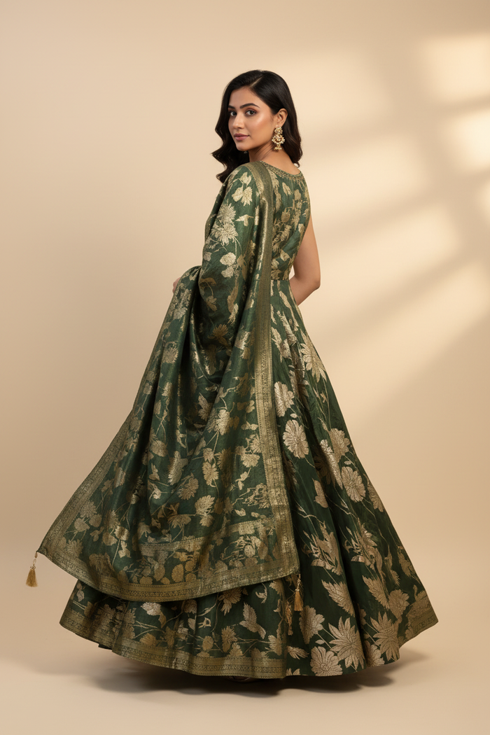 Forest Green Banarasi Floral Gown