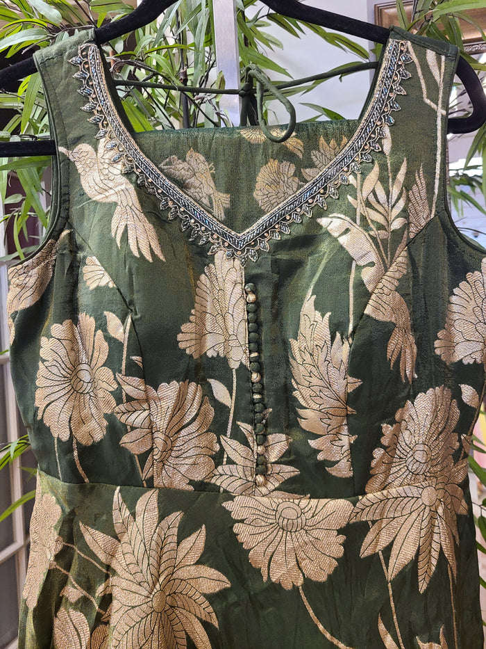 Forest Green Banarasi Floral Gown