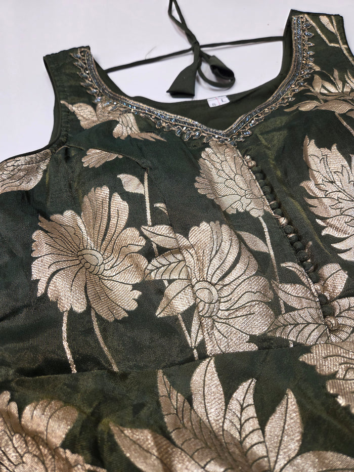 Forest Green Banarasi Floral Gown