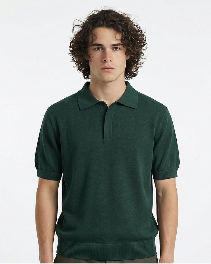 Forest Green Fine-Gauge Knit Polo Shirt - R217126