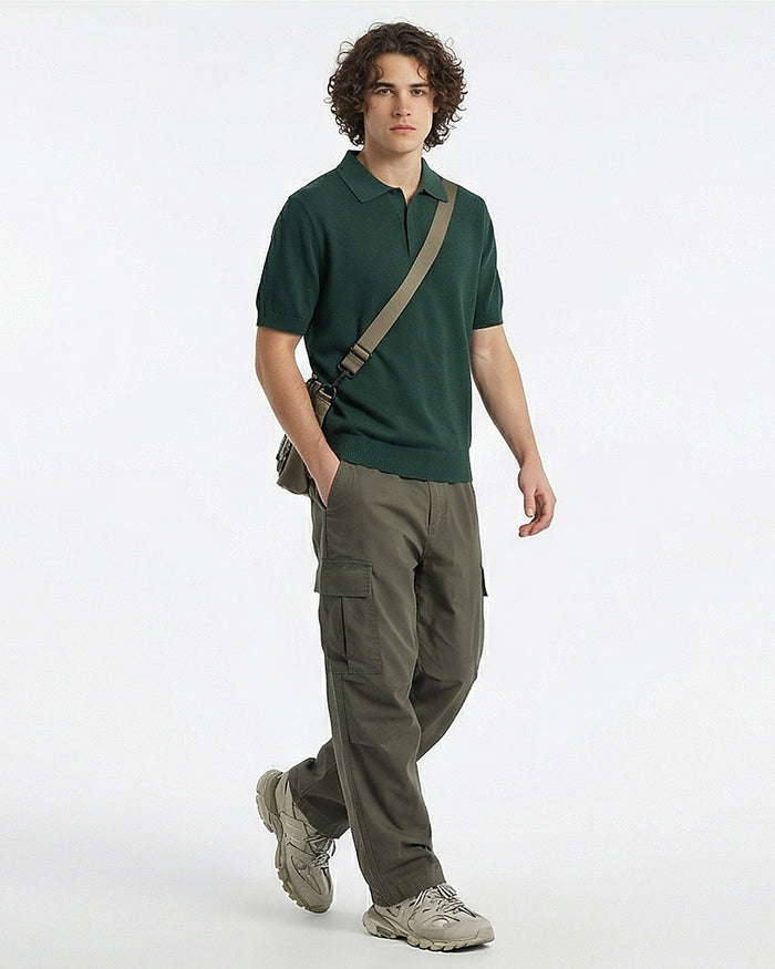 Forest Green Fine-Gauge Knit Polo Shirt - R217126
