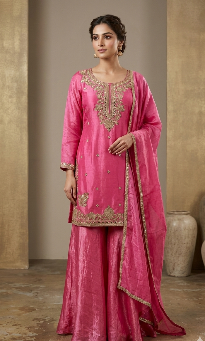 Fuchsia Pink Embroidered Silk Sharara Suit Set