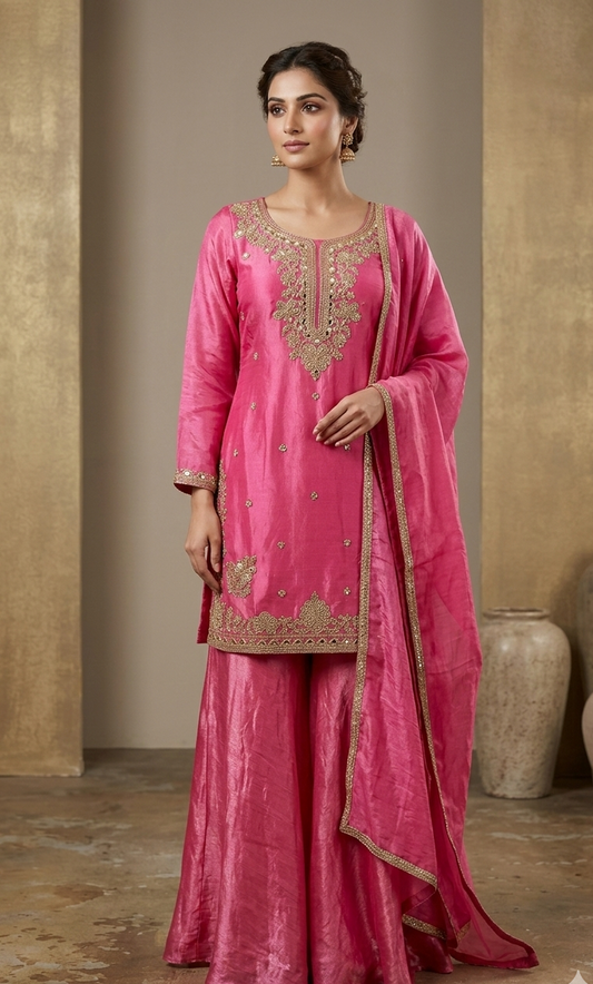 Fuchsia Pink Embroidered Silk Sharara Suit Set