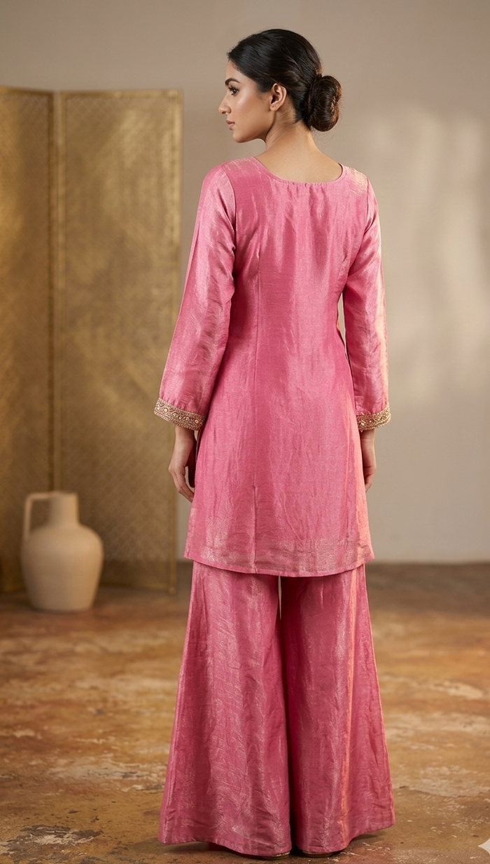 Fuchsia Pink Embroidered Silk Sharara Suit Set