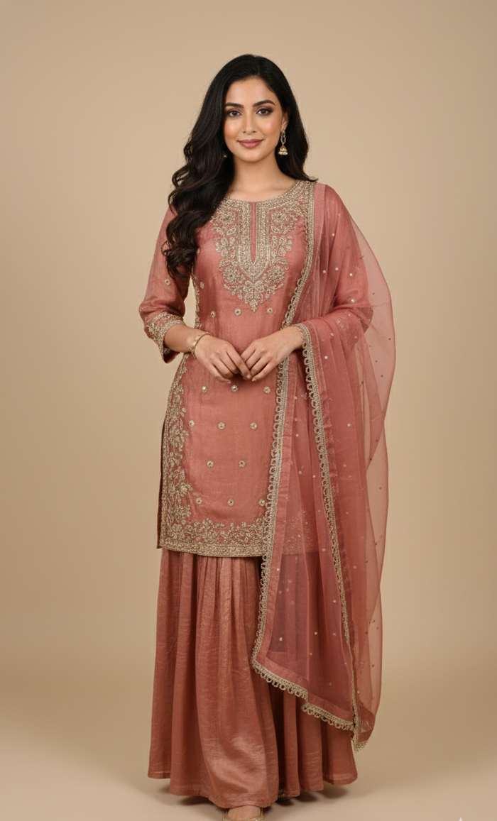 Gajree Pink Embroidered Sharara Suit
