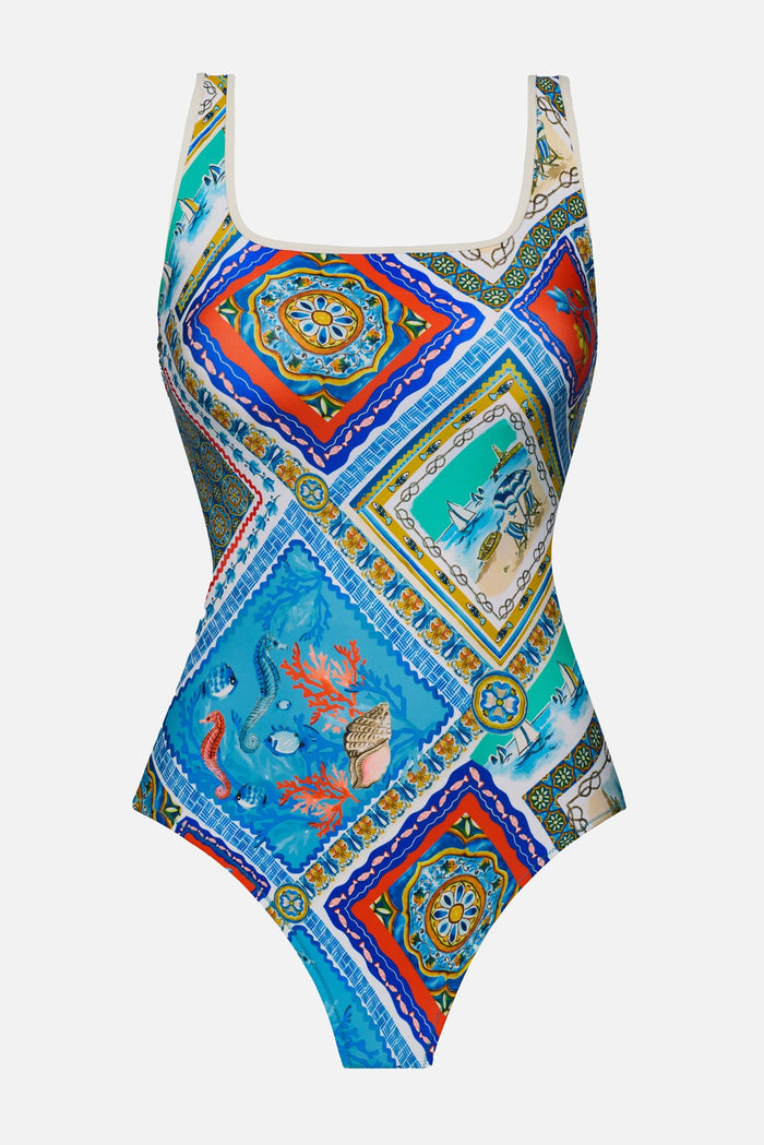 Printed one-piece swimsuit with large tiled artwork