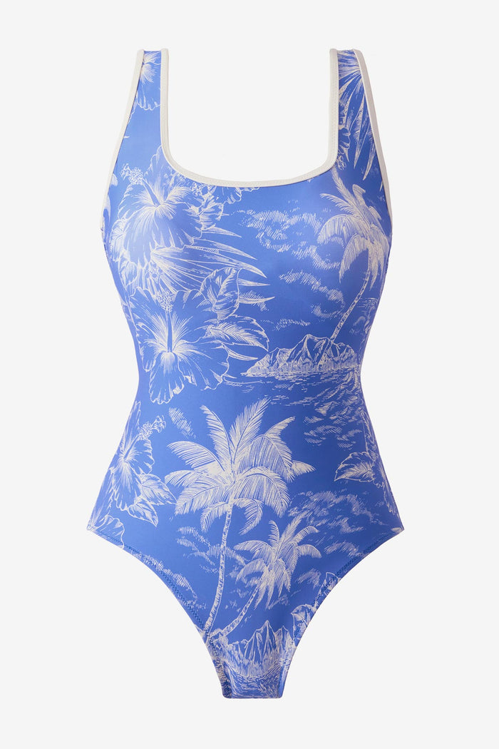Blue and white one-piece swimsuit with a palm tree print