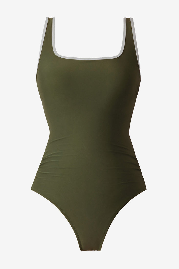 Green one-piece swimsuit with white piping