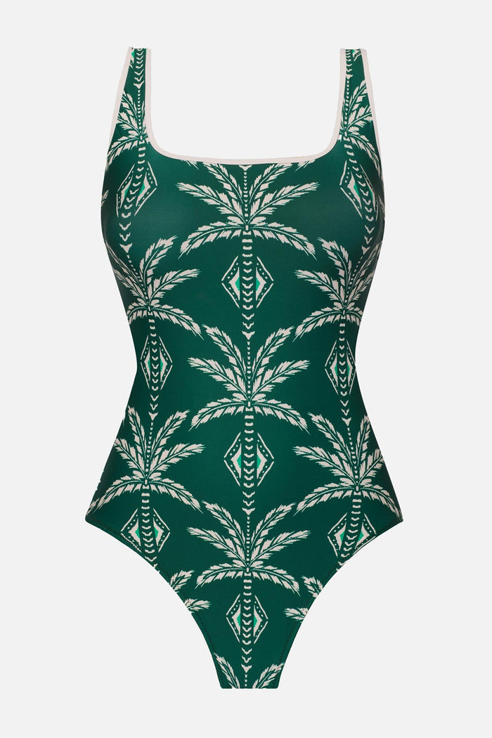 Green and white palm leaf printed one-piece swimsuit