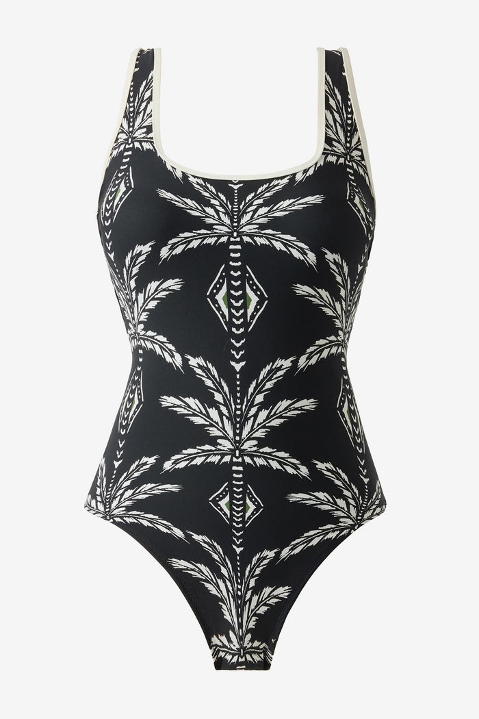 Black and white printed one-piece swimsuit with white piping