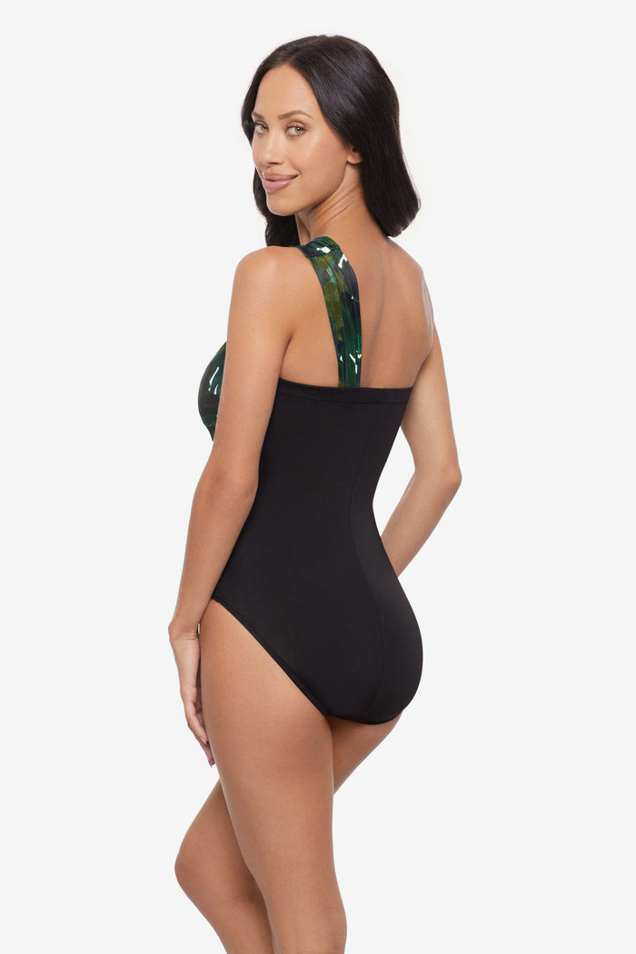 Woman turned left wearing a one-piece swimsuit