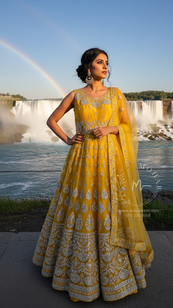 Golden Yellow Silver Embroidered Anarkali Set