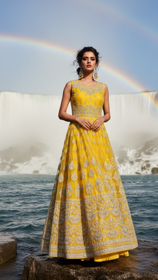 Golden Yellow Silver Embroidered Anarkali Set