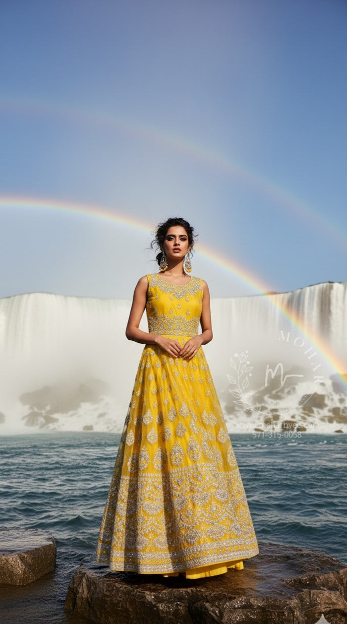 Golden Yellow Silver Embroidered Anarkali Set