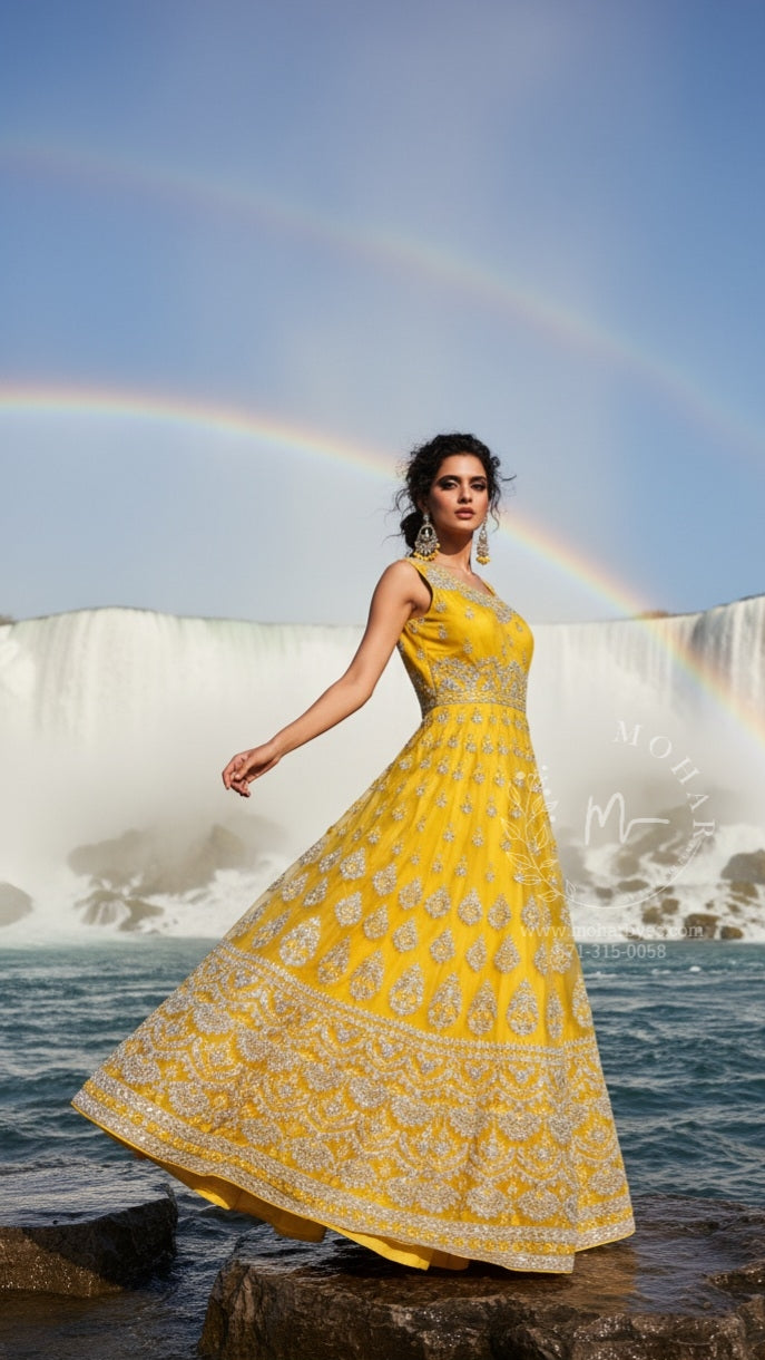 Golden Yellow Silver Embroidered Anarkali Set