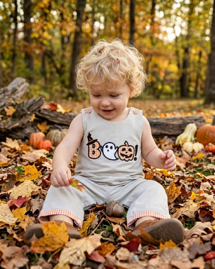 Gray Boo Applique Overalls - Lil Cactus