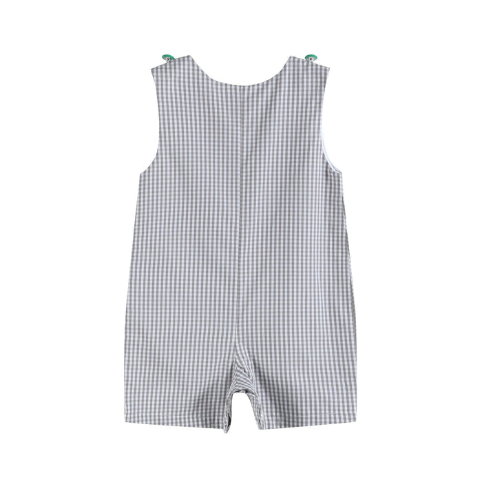 Gray Gingham Green Tractor Applique Shortalls - Lil Cactus