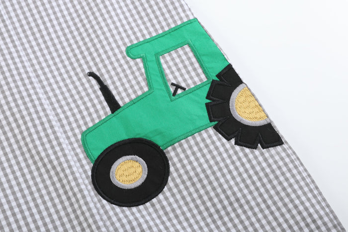 Gray Gingham Green Tractor Applique Shortalls - Lil Cactus