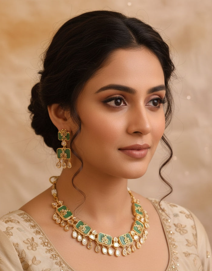 MOHAR Kundan-style choker set in green stones with gold-finish base