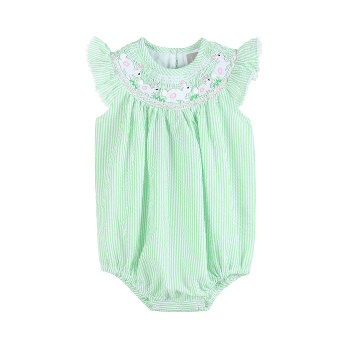 Green Seersucker Easter Bunny Smocked Flutter Romper - Lil Cactus