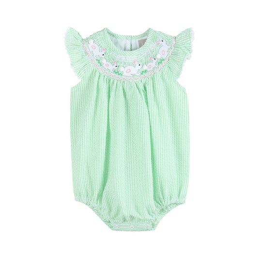 Green Seersucker Easter Bunny Smocked Flutter Romper - Lil Cactus