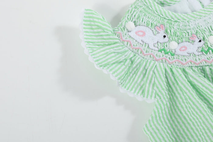 Green Seersucker Easter Bunny Smocked Flutter Romper - Lil Cactus