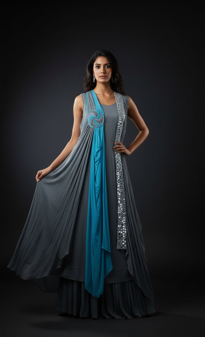 Grey and Teal Contemporary Gown with Sequin Panel